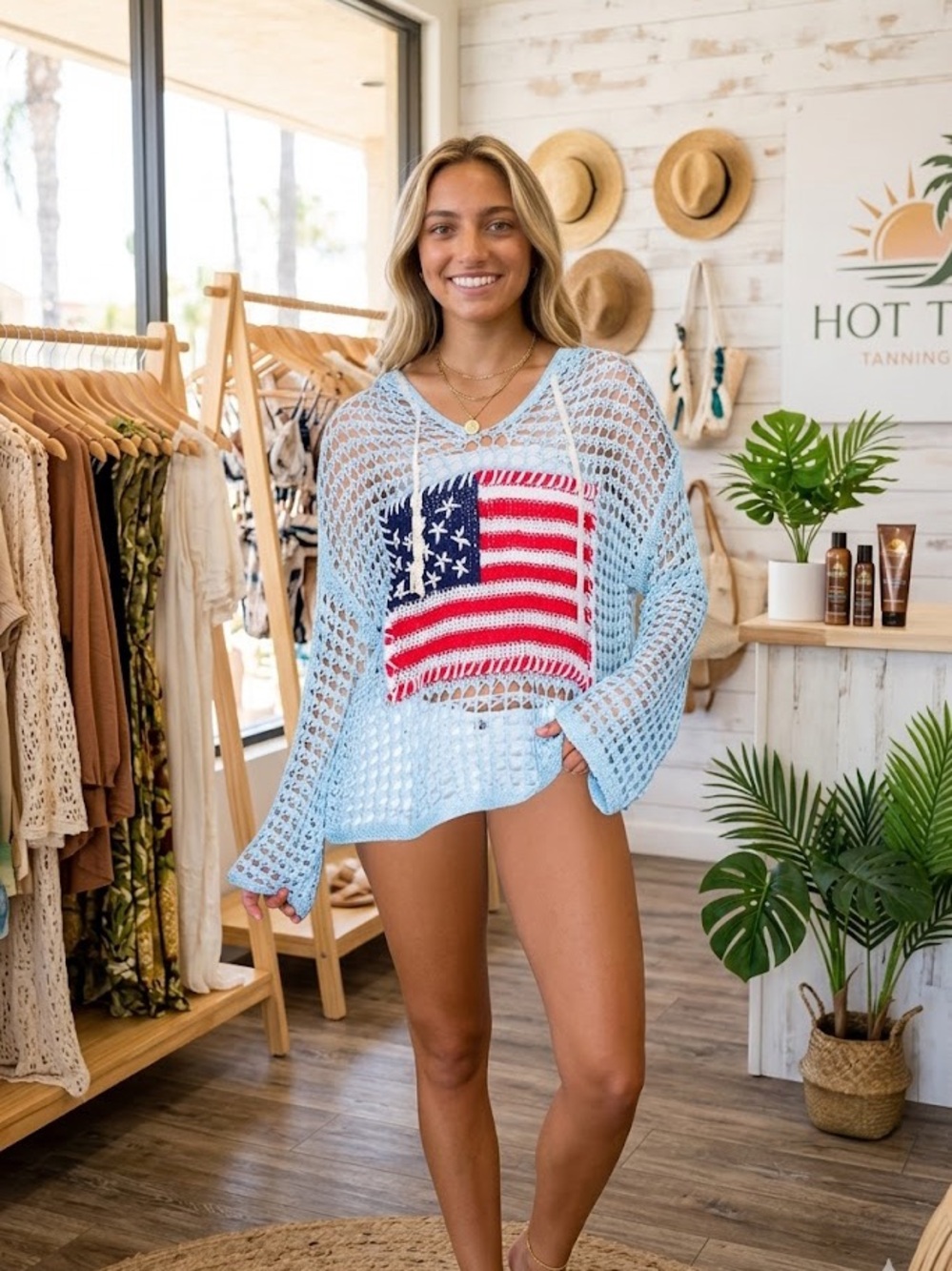 Light Blue Crochet American Flag Beach Cover-Up Sweater